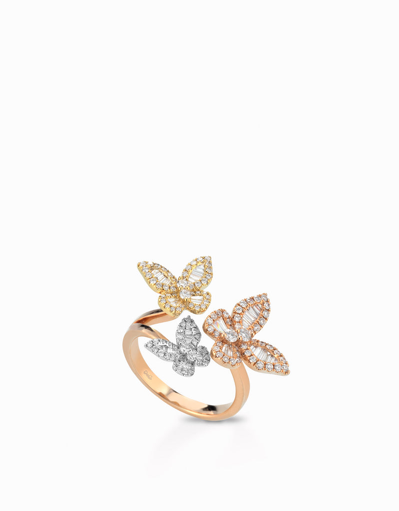 ANELLO IN ORO ROSA CON FARFALLE BICOLORE DIAMANTI E BAGUETTE