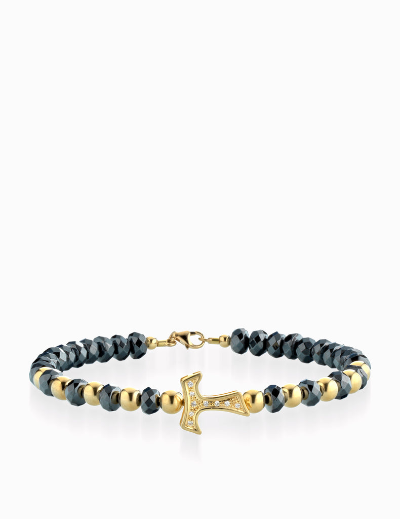 BRACCIALE TITANIO IN ORO GIALLO CON CROCE CENTRALE DI DIAMANTI