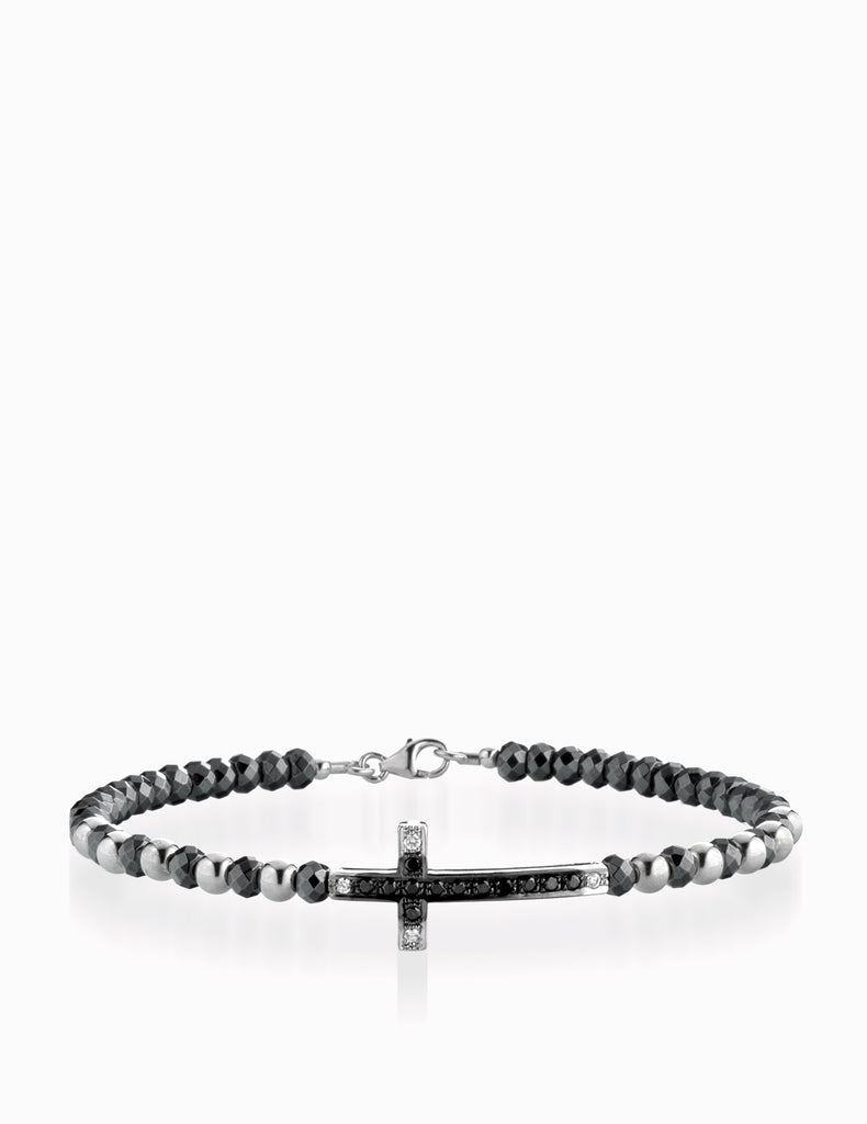 BRACCIALE RIGIDO IN ORO BIANCO CON CROCE CENTRALE DI DIAMANTI E DIAMANTI NERI