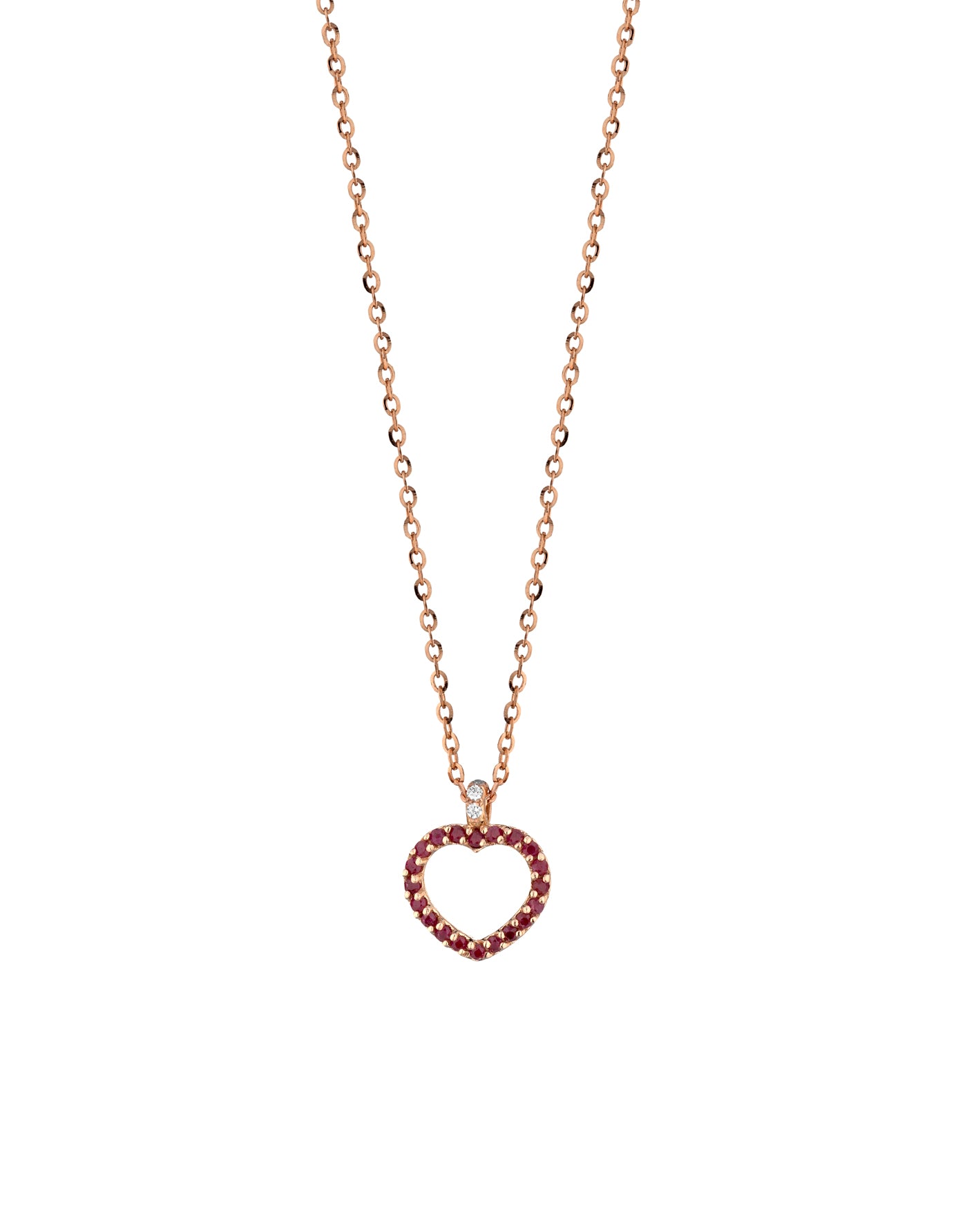 CIONDOLO IN ORO ROSA CON CUORE PICCOLO APERTO DI DIAMANTI E RUBINI