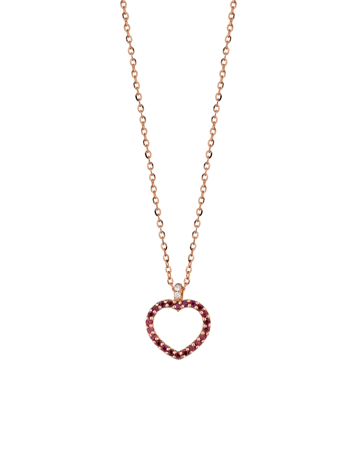 CIONDOLO IN ORO ROSA CON CUORE PICCOLO APERTO DI DIAMANTI E RUBINI