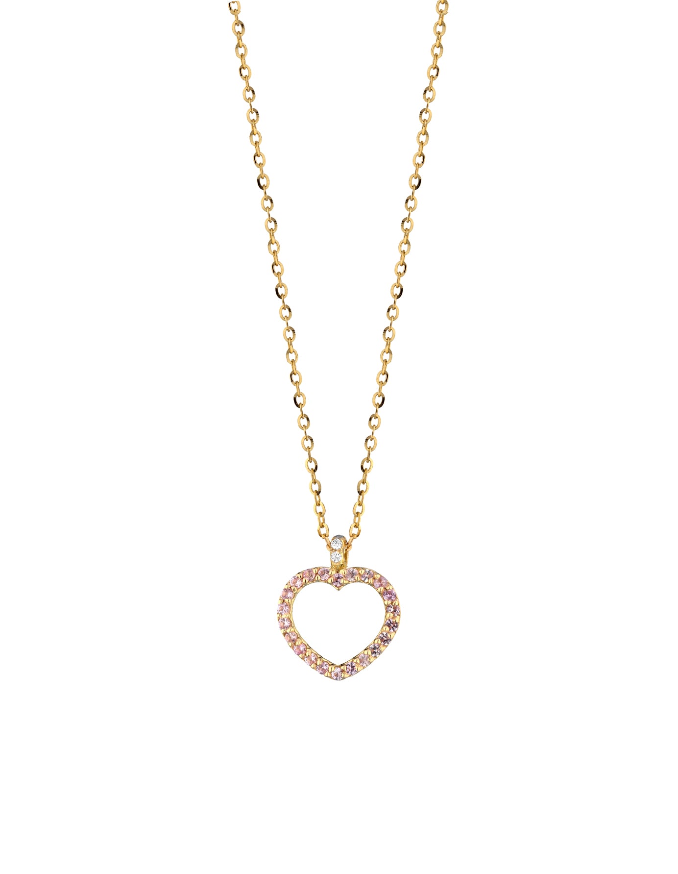CIONDOLO IN ORO GIALLO CON CUORE PICCOLO APERTO DI DIAMANTI E ZAFFIRI ROSA