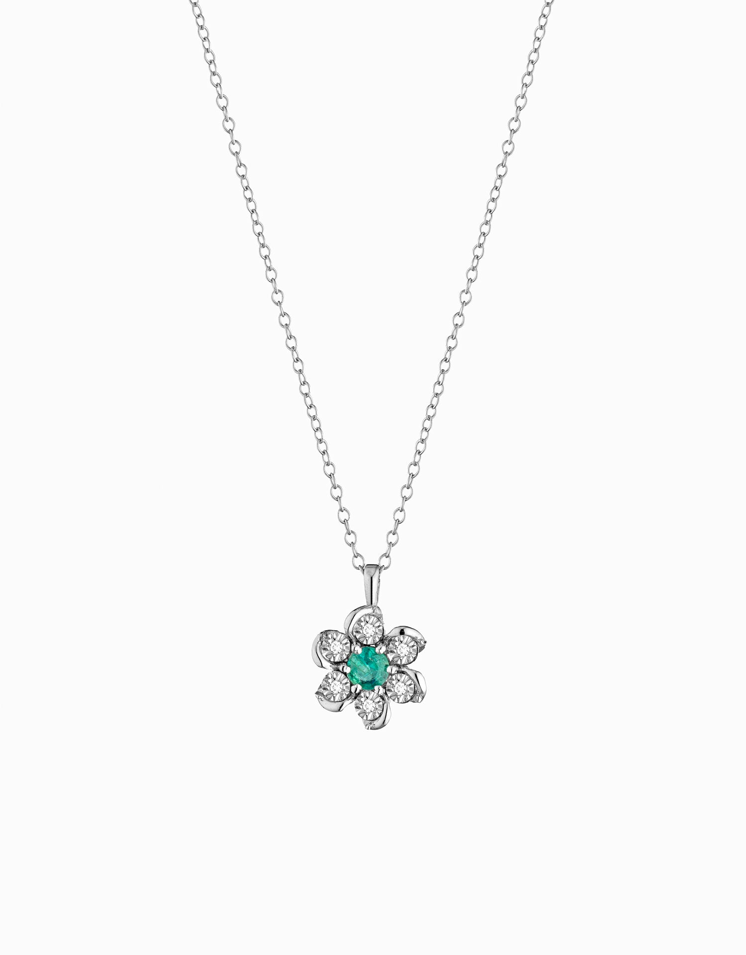 COLLANA A FIORE IN ORO BIANCO CON DIAMANTI E SMERALDO CENTRALE