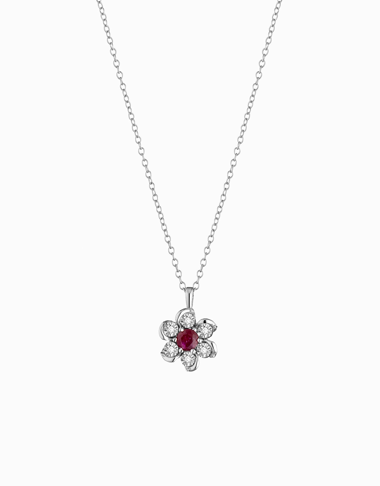 COLLANA A FIORE IN ORO BIANCO CON DIAMANTI E RUBINO CENTRALE