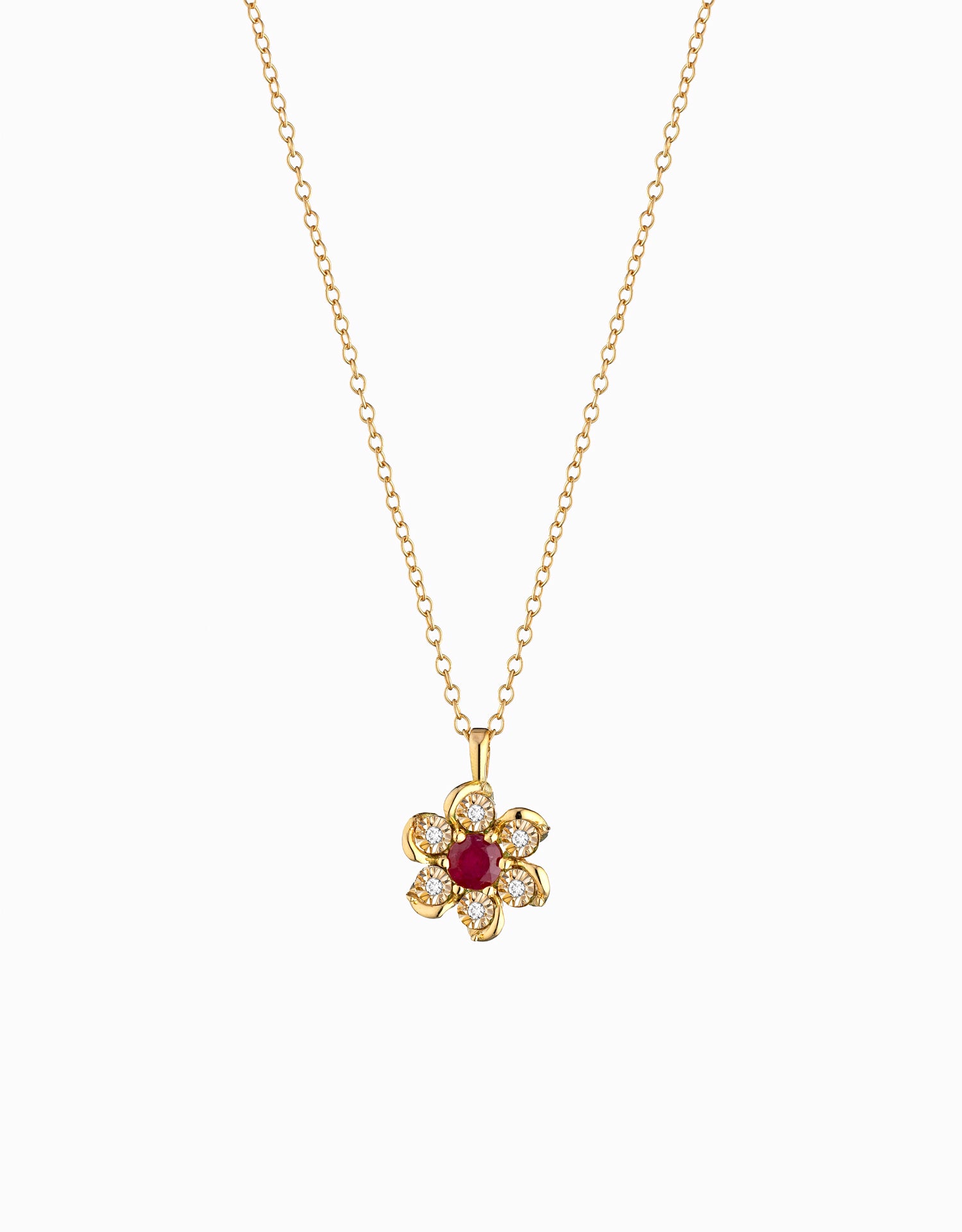 COLLANA A FIORE IN ORO GIALLO CON DIAMANTI E RUBINO CENTRALE