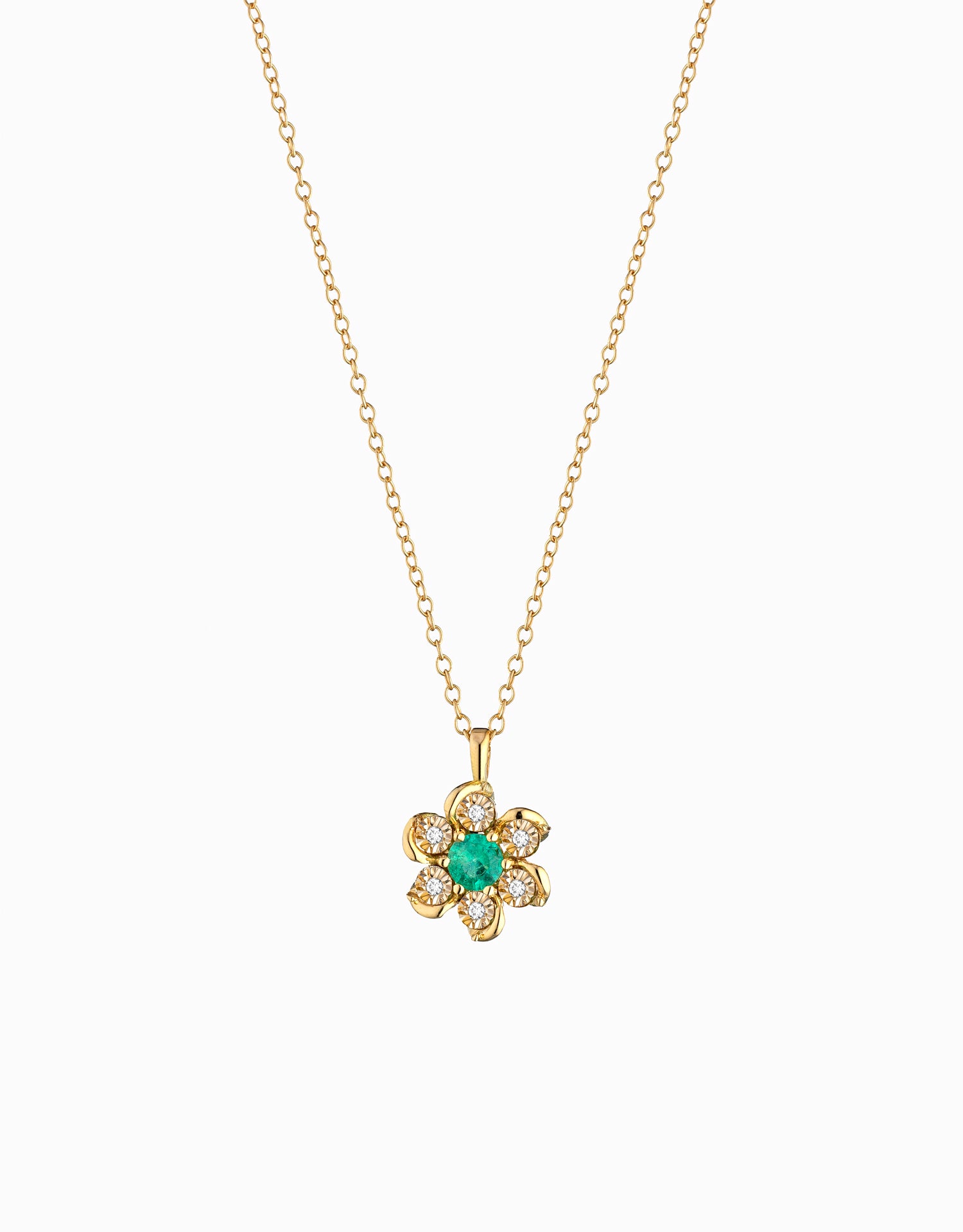 COLLANA A FIORE  IN ORO GIALLO CON DIAMANTI E CENTRALE DI SMERALDO