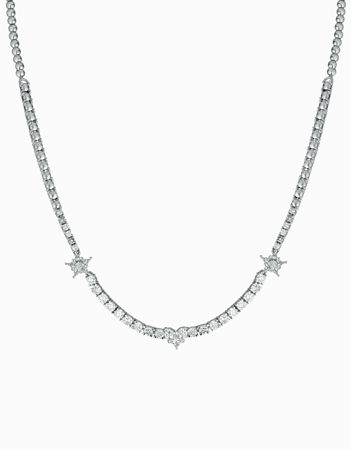 COLLANA TENNIS DI DIAMANTI CON ALTERNANZA DI STELLE E CUORI BAGUETTE