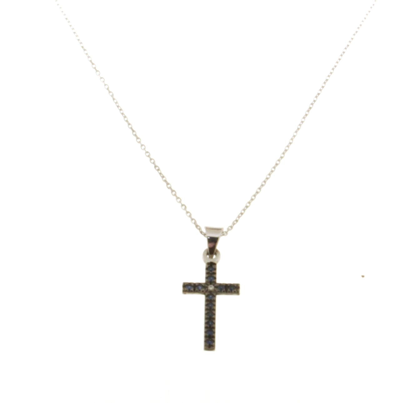 CROCE ZAFFIRI CON CATENA IN ORO BIANCO, DIAMANTI E ZAFFIRI