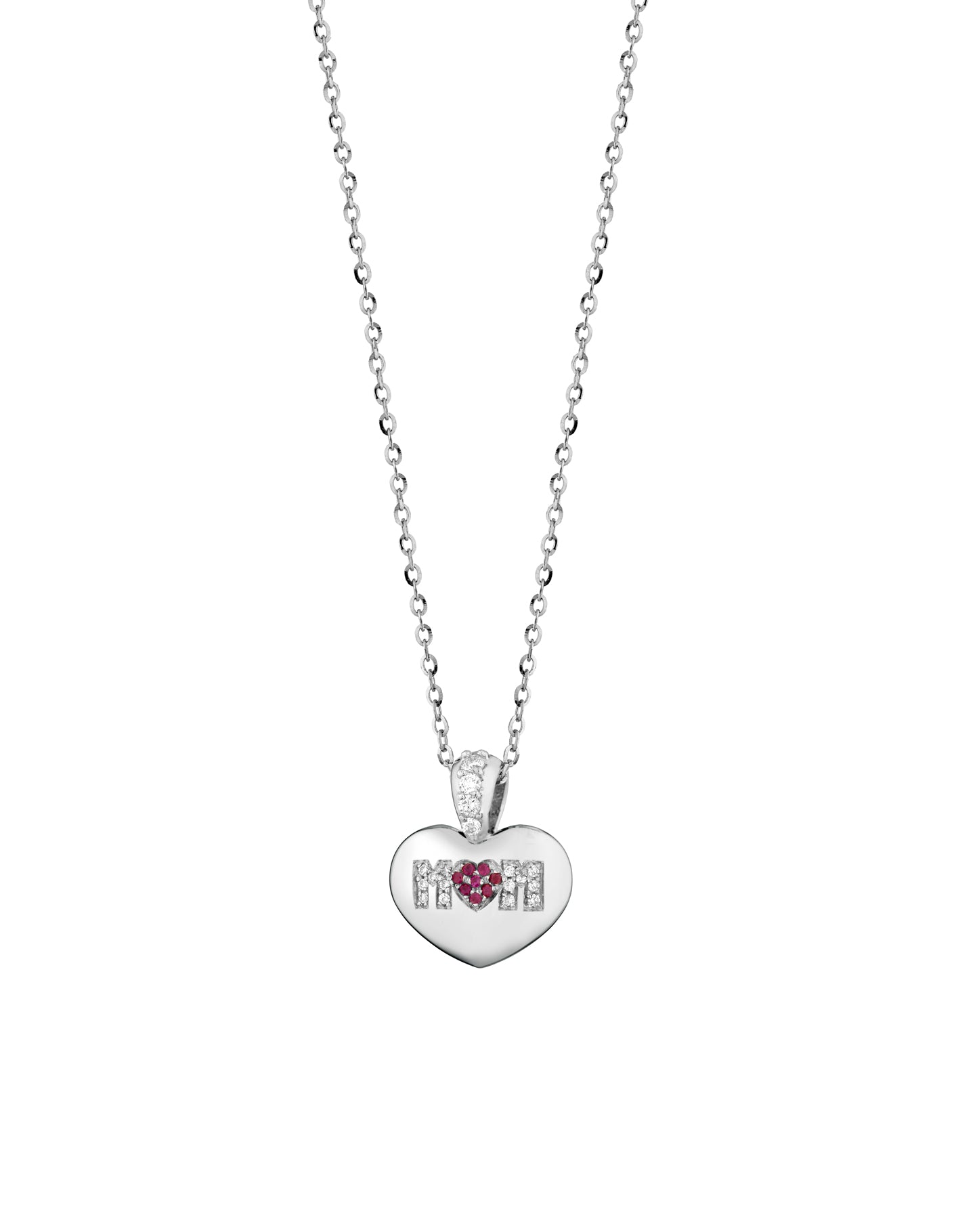 CIONDOLO IN ORO BIANCO CON CUORE DI DIAMANTI E RUBINI