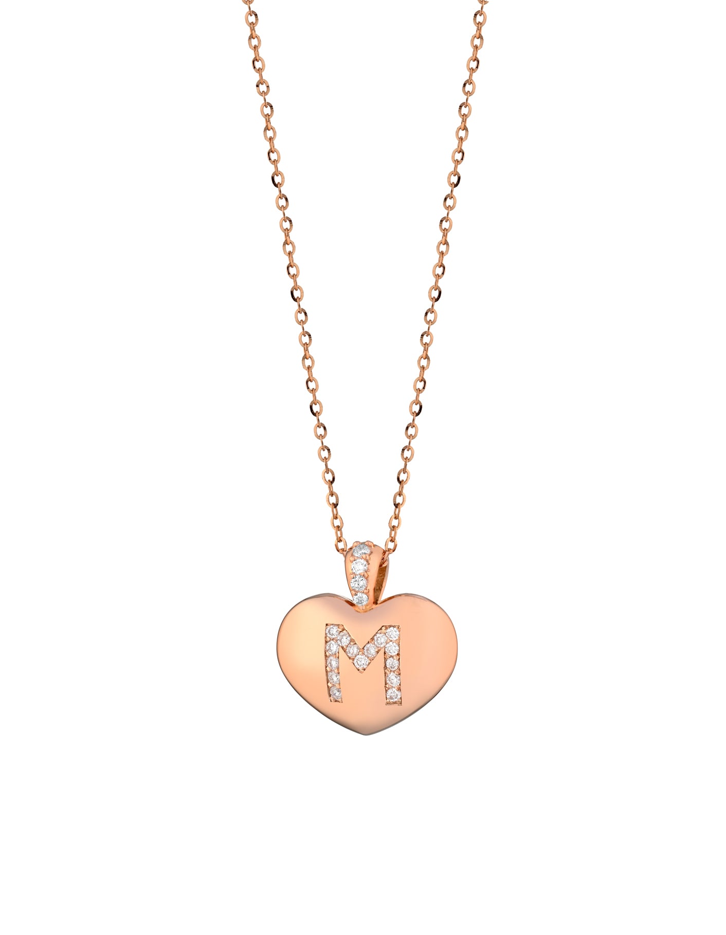 CIONDOLO IN ORO ROSA CON CUORE E LETTERA ALL'INTENRO DI DIAMANTI