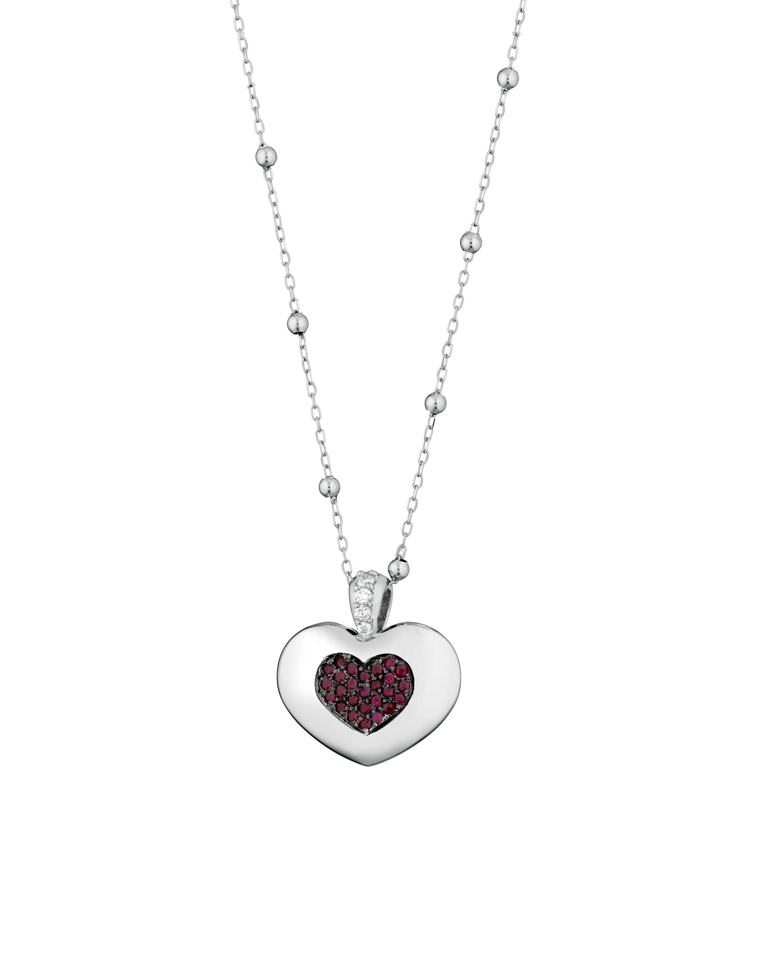 CIONDOLO IN ORO BIANCO CON CUORE DI DIAMANTI E RUBINI