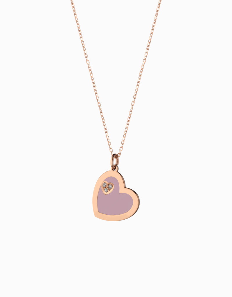 ciondolo a cuore con smalto rosa in oro rosa e diamanti
