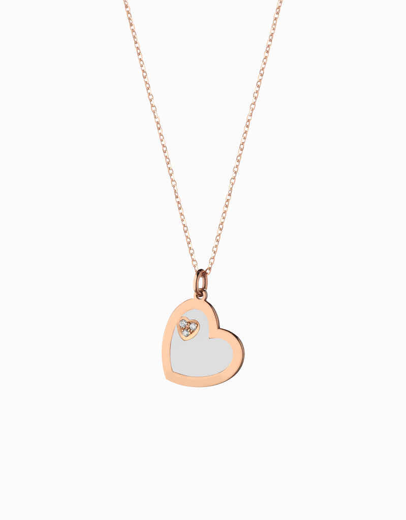 ciondolo a cuore con smalto bianco in oro rosa e diamanti
