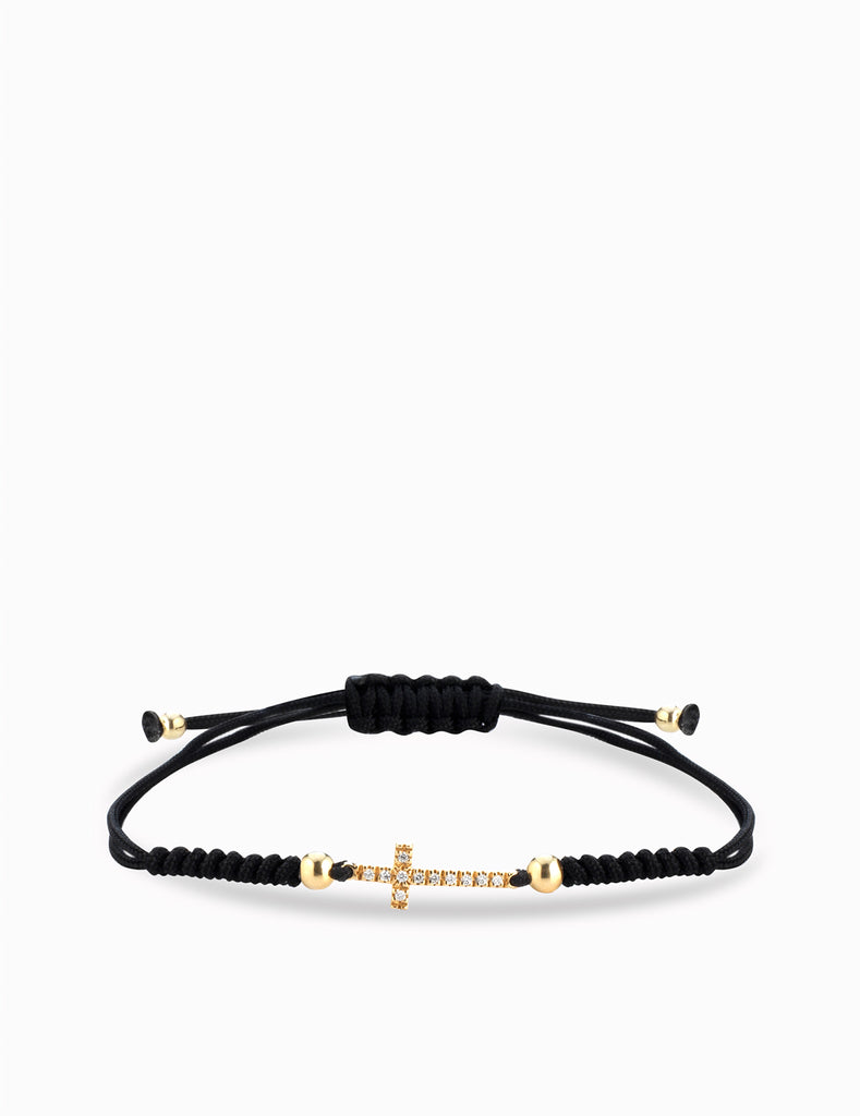 bracciale con laccio sfere in oro giallo croce centrale con diamanti