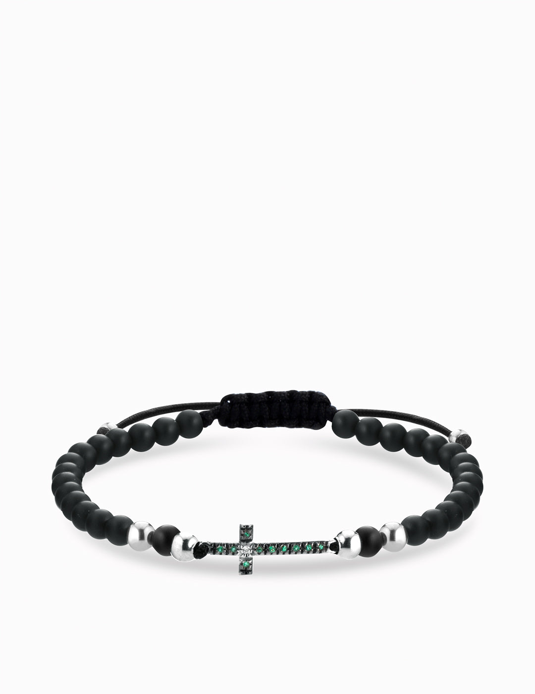 bracciale in onice con sfere oro bianco croce centrale con diamanti e smeraldi