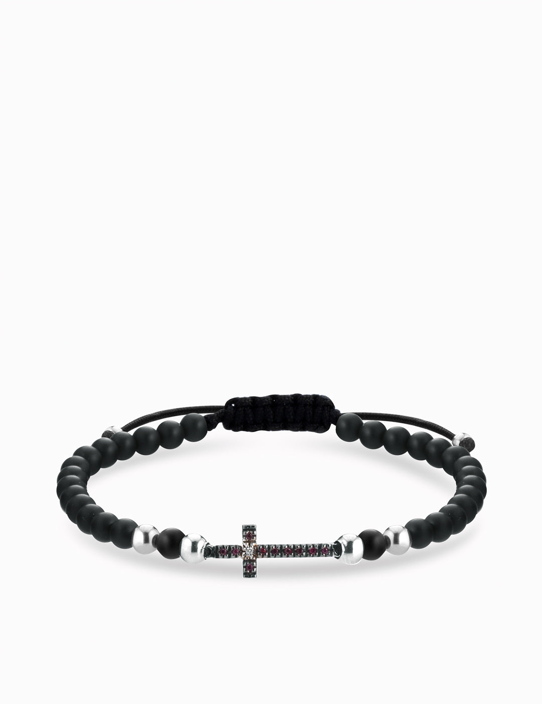 bracciale onice con sfere in oro bianco croce centrale con diamanti e rubini