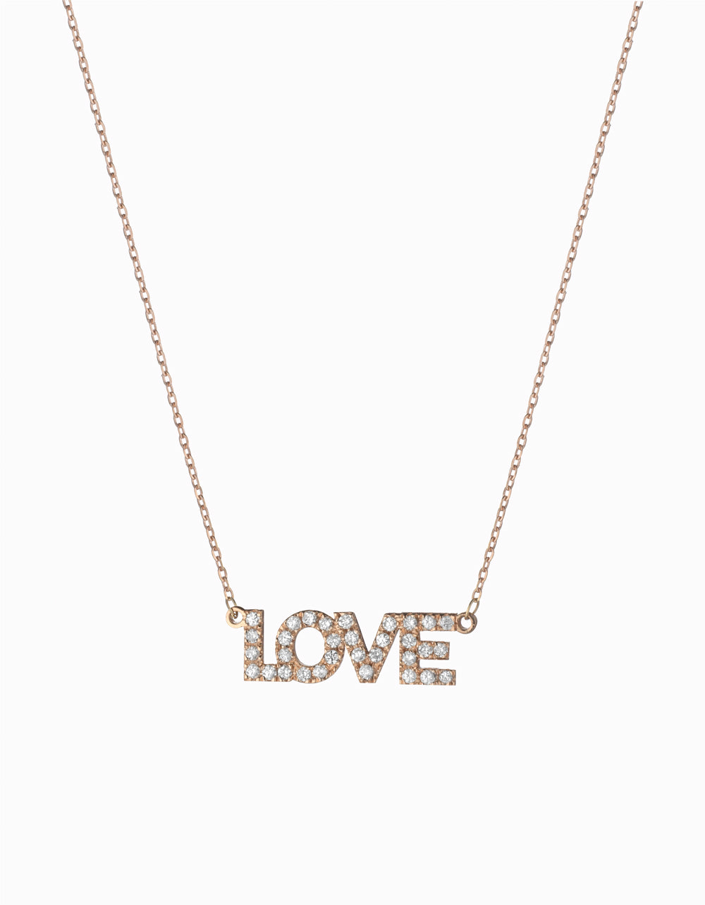 ciondolo in oro rosa con scritta LOVE e diamanti