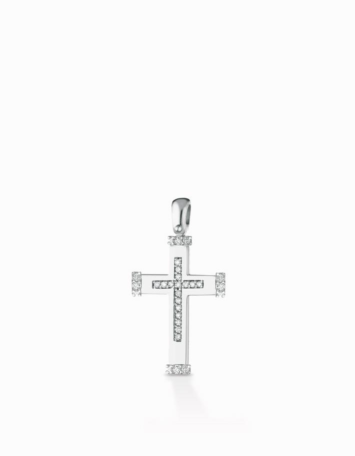Ciondolo a croce piatta grande modello maschile in oro bianco con diamanti Dalù Gioielli