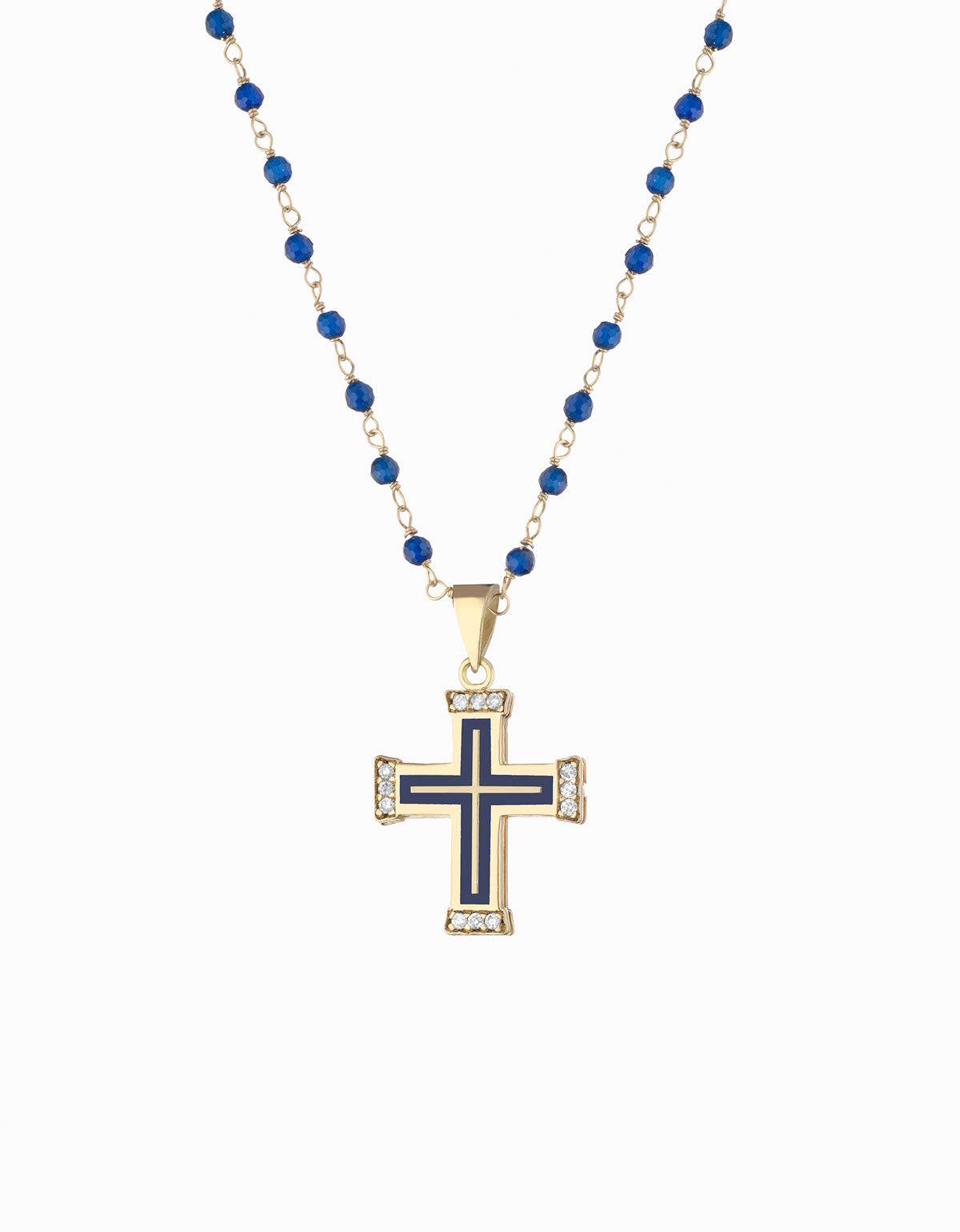 Croce in oro giallo con smalto blu con diamanti e catena pallinata blu