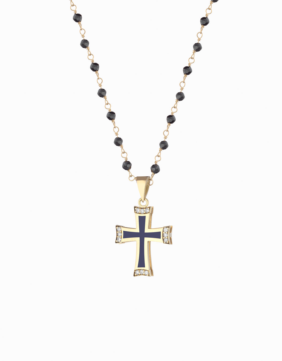 Croce in oro giallo con smalto blu con diamanti e catena pallinata in nero