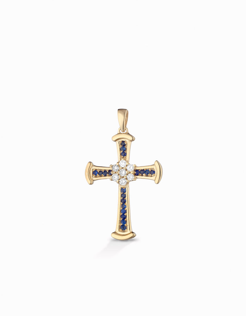 Croce stilizzata con fiore centrale in oro giallo con diamanti e zaffiri