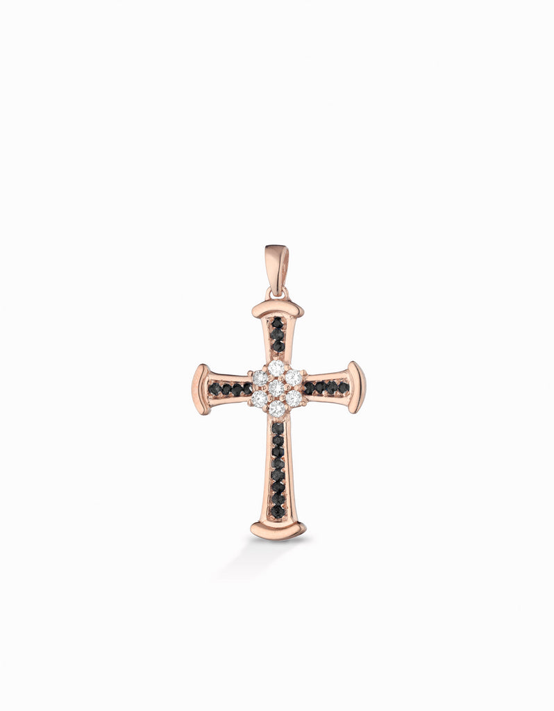 Croce stilizzata con fiore centrale in oro rosa diamanti bianchi e neri
