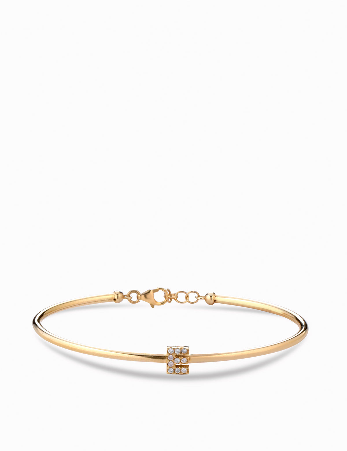 bracciale rigido in oro giallo con lettera E centrale e diamanti