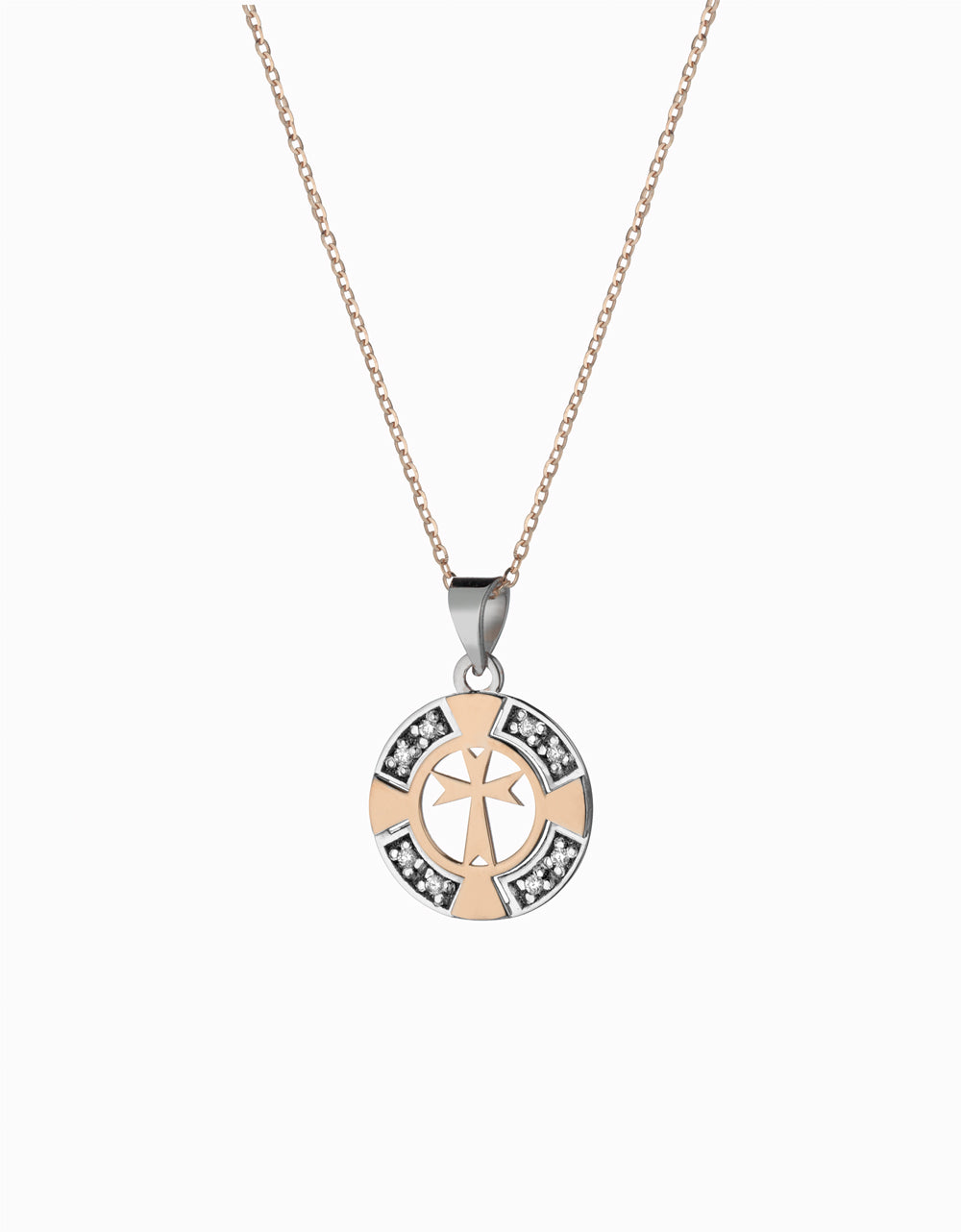 ciondolo in oro rosa con croce e diamanti