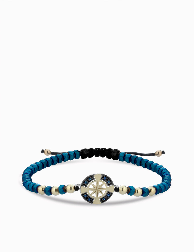 bracciale rosa dei venti in oro giallo con ematite blu  e zaffiri