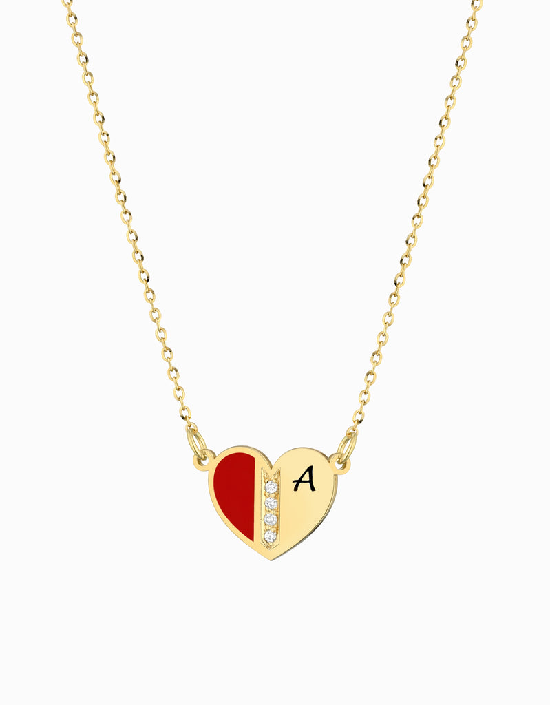 CIONDOLO IN ORO GIALLO CON  CUORE SMALTO ROSSO E DIAMANTI PERSONALIZZABILE