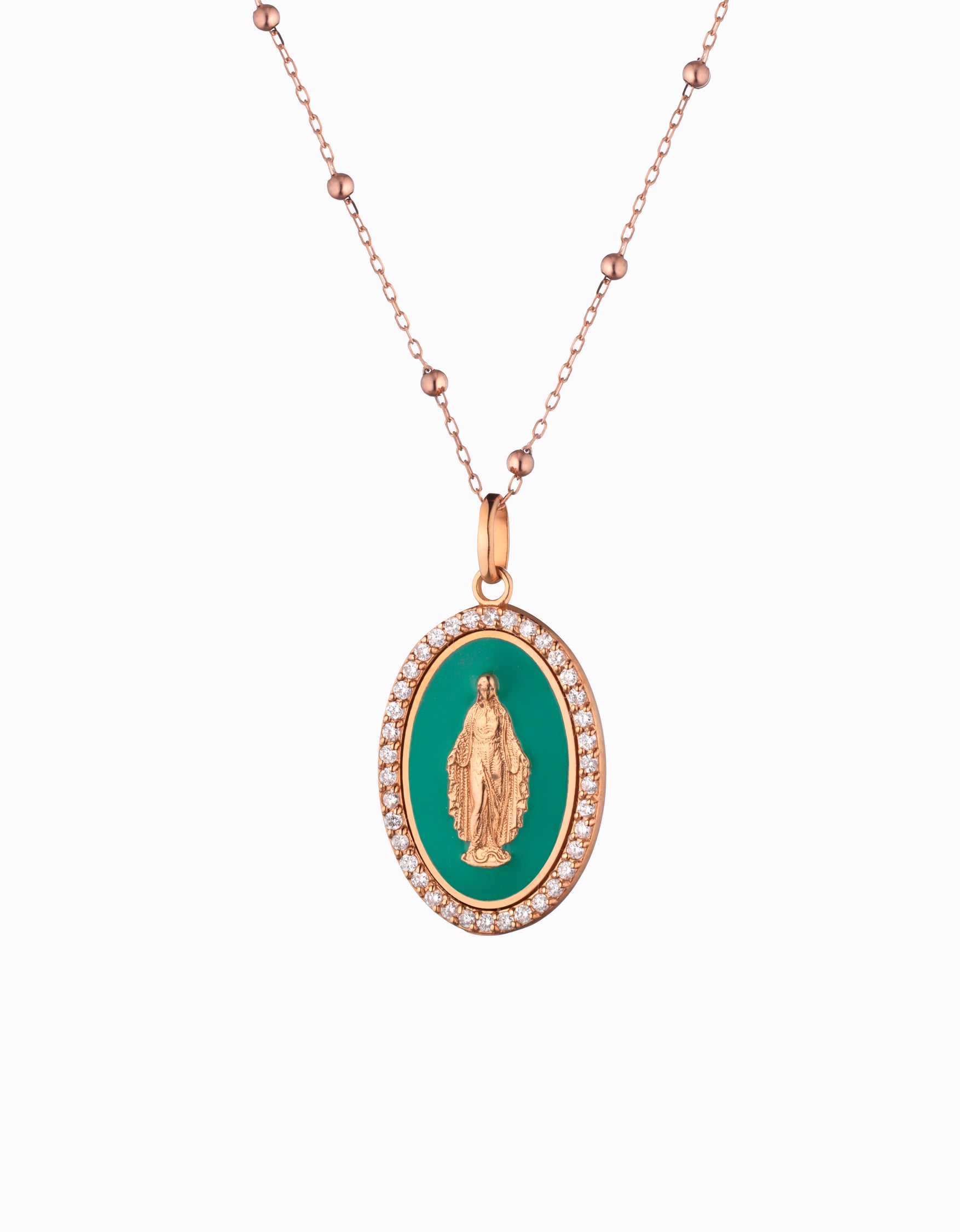 ciondolo madonna in oro rosa con diamanti e smalto verde