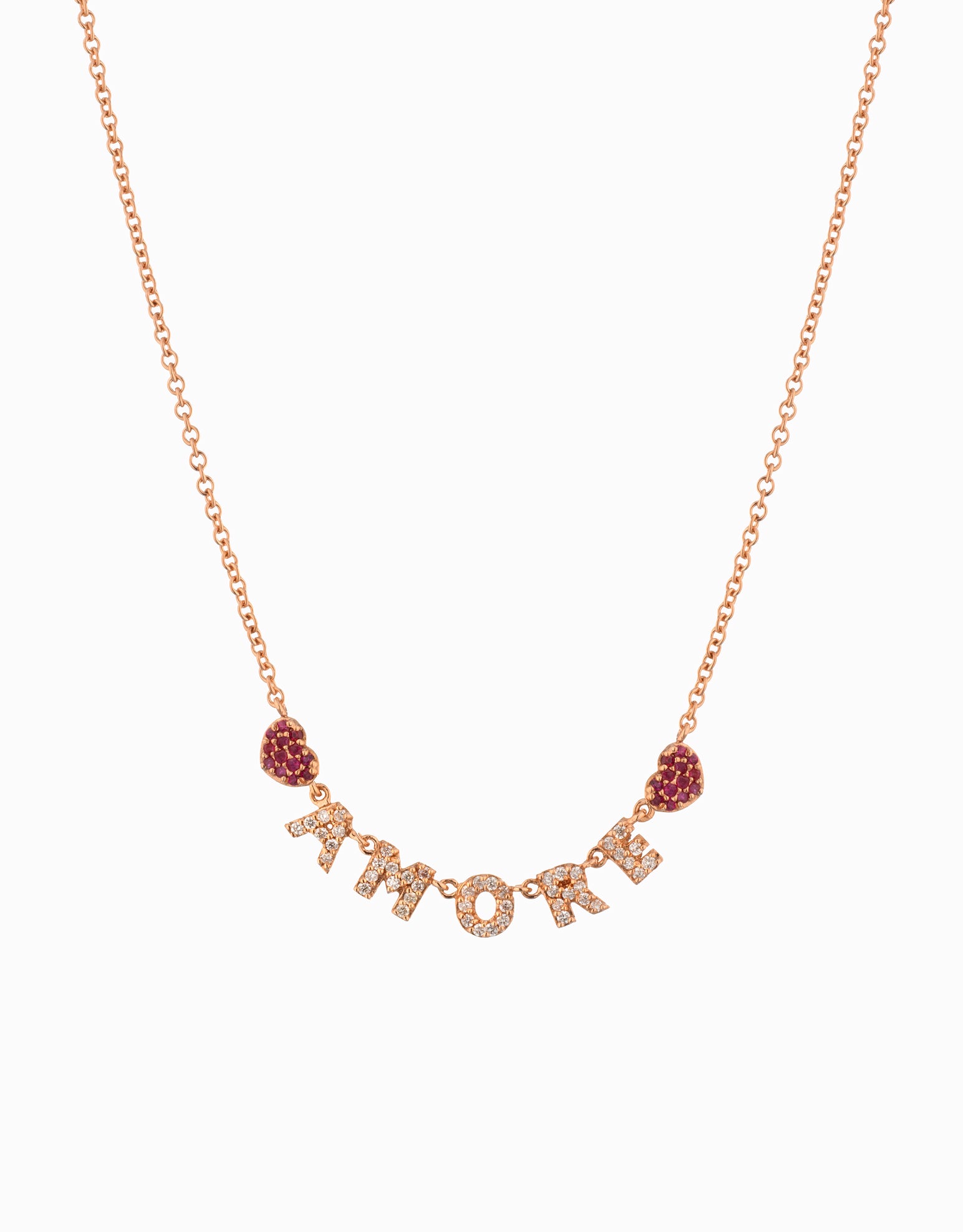 Collana amore con diamanti e cuori con rubini oro rosa