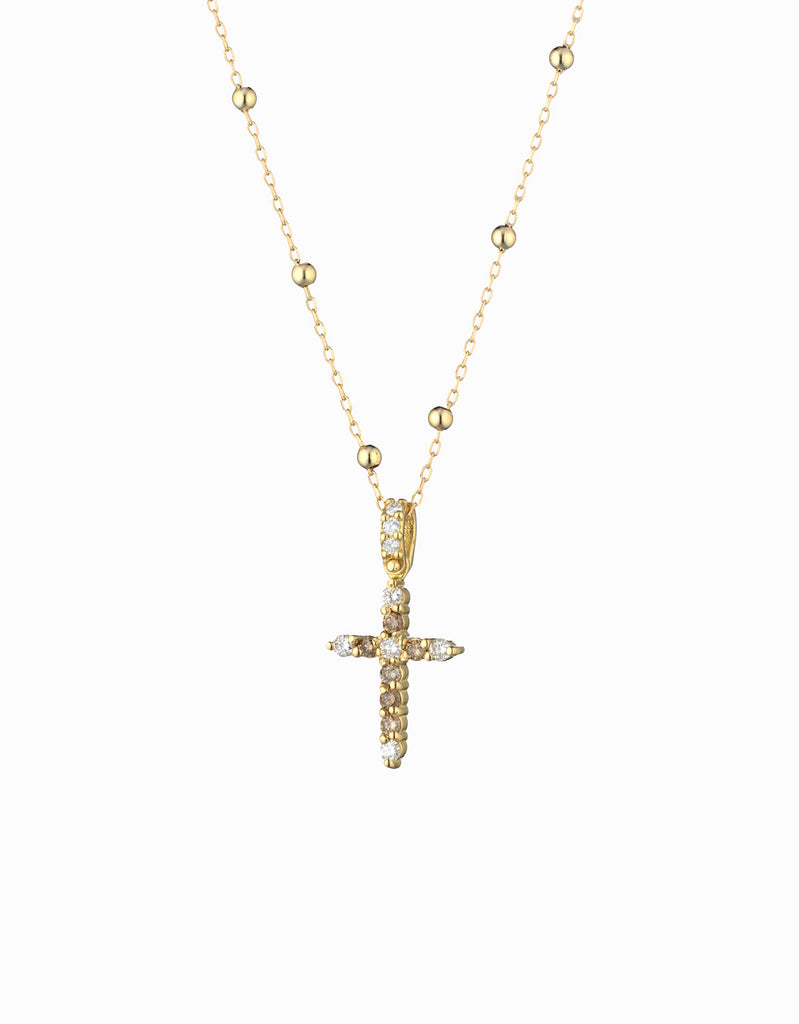 CROCE PICCOLA IN ORO GIALLO CON DIAMANTI BIANCHI E DIAMANTI BROWN