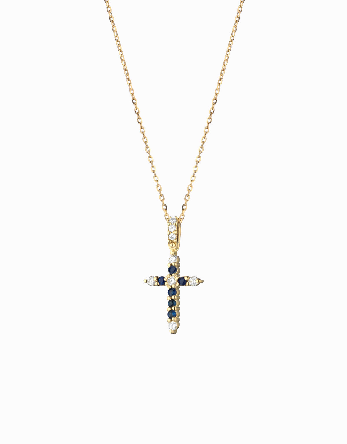 CROCE PICCOLA IN ORO GIALLO CON DIAMANTI E ZAFFIRI