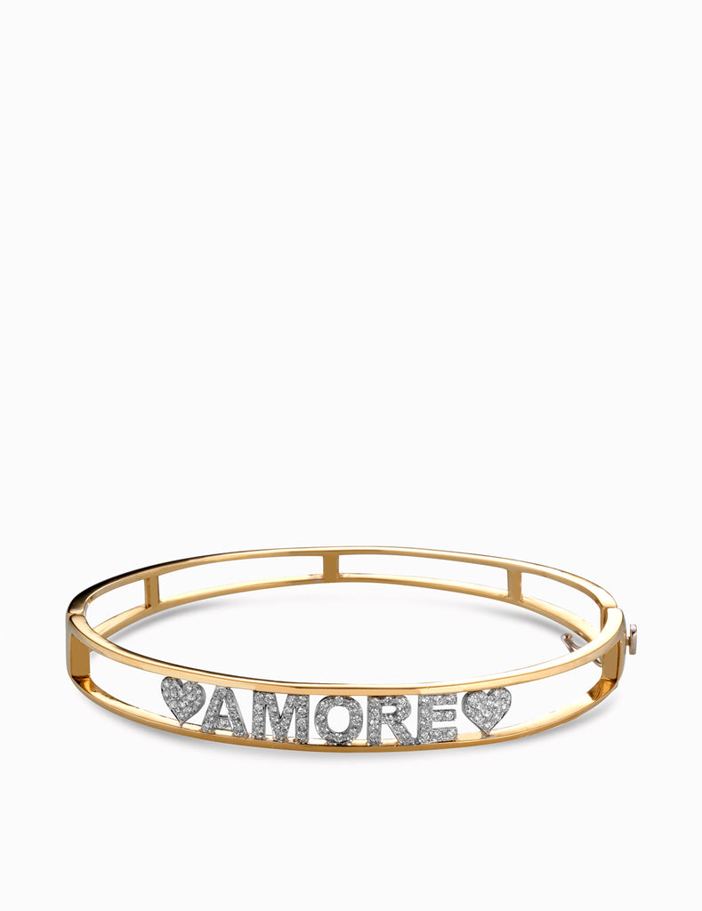 bracciale schiava con scritta amore in oro bianco e oro giallo con diamanti