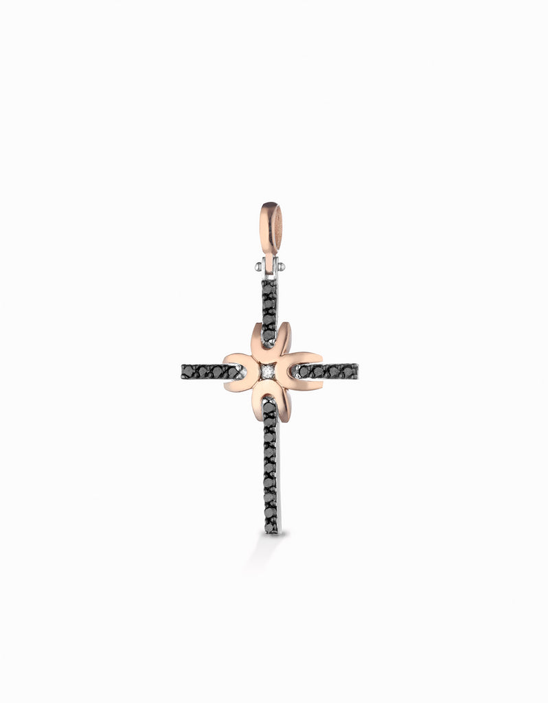 Croce bicolore stilizzata con diamanti bianchi e neri