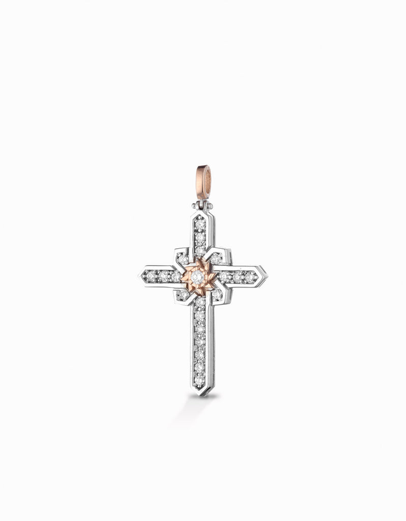 Croce bicolore stilizzata con diamanti bianchi