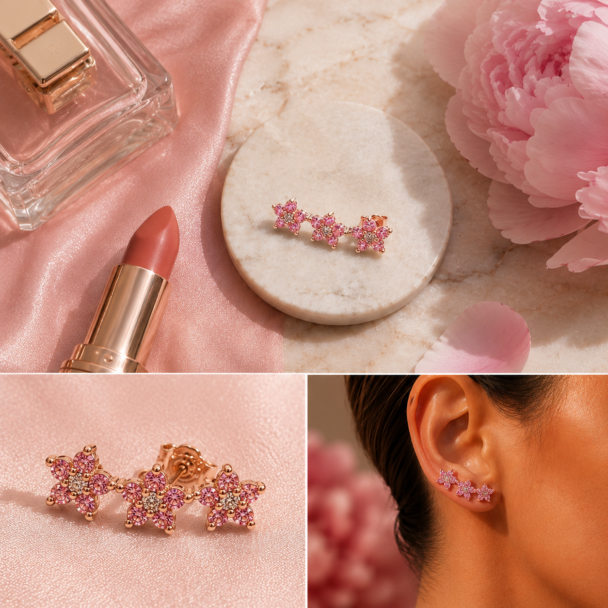 MONO ORECCHINO IN ORO ROSA CON ZAFFIRI ROSA E DIAMANTINI
