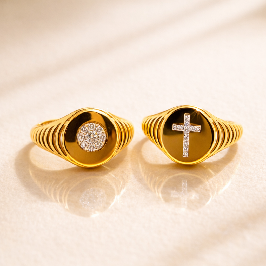 ANELLO SIGILLO IN  ORO GIALLO CON CROCE DI DIAMANTI