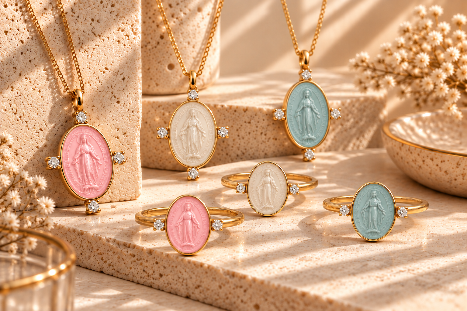 CIONDOLO IN ORO 9KT, CON MADONNINA IN CERAMICA E DIAMANTI
