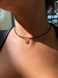 COLLANA CON  CINTURINO NERO IN ORO ROSA CON MADONNINA SMALTATA ROSA 9KT
