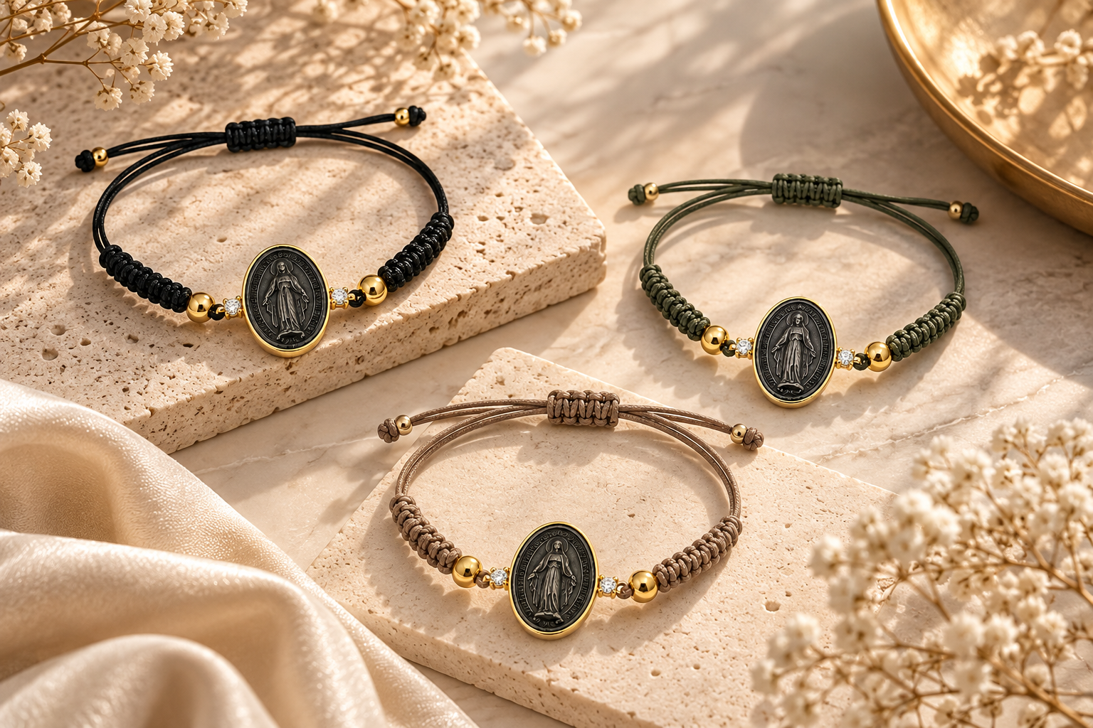 BRACCIALE IN  ORO 9KT, ORO GIALLO CON MADONNINA IN CERAMICA E DIAMANTI