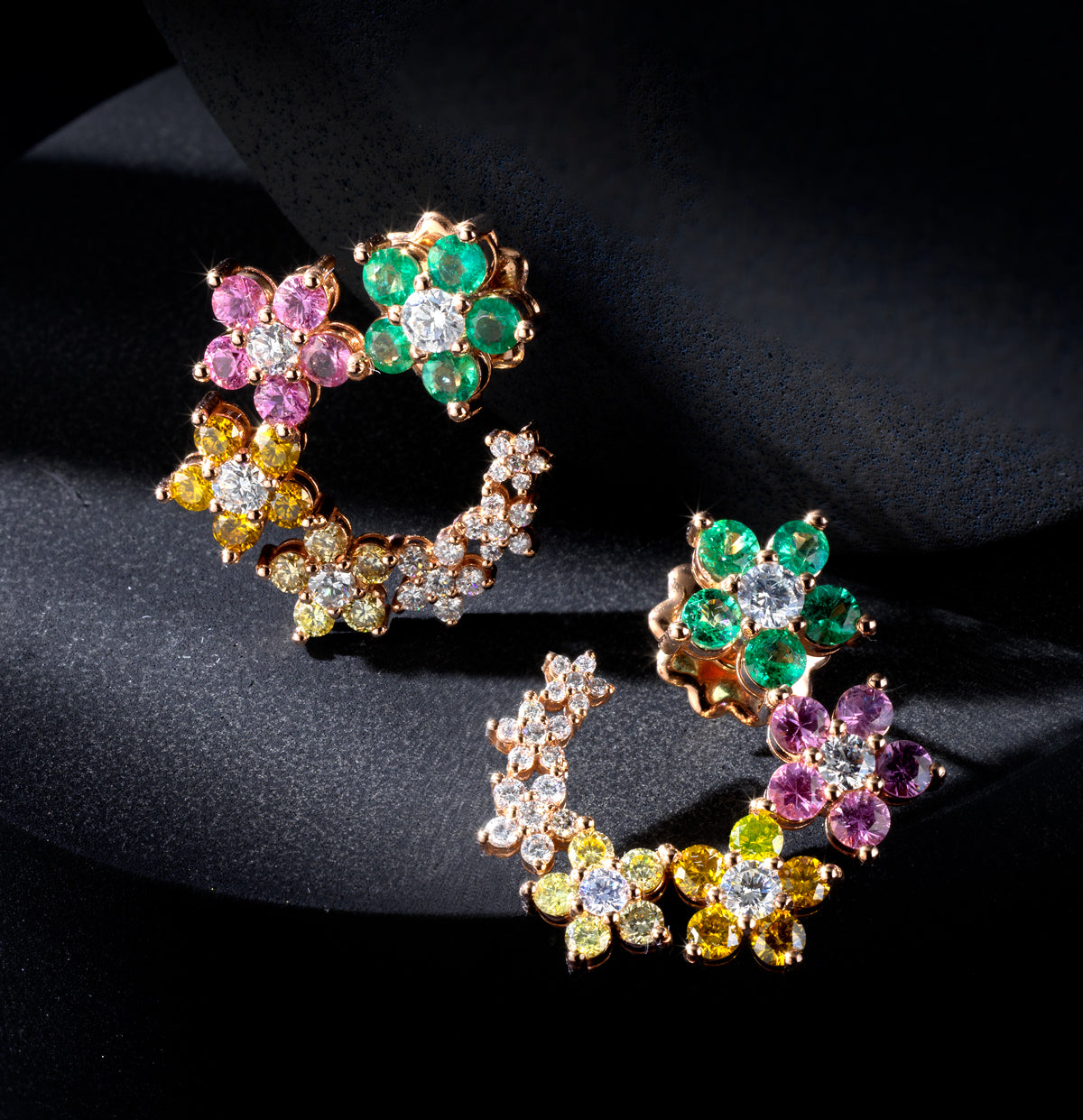 ORECCHINI A FANTASIA FIORI IN ORO ROSA CON PIETRE PREZIOSE COLORATE E DIAMANTI