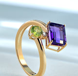 ANELLO IN ORO ROSA CON PERIDOTO E QUADRATO AMETISTA CON DIAMANTINO CENTRALE