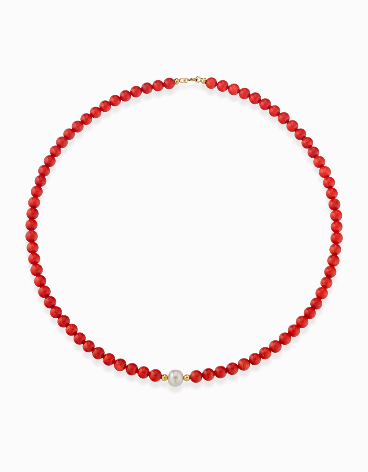 COLLANA CON PASTA DI CORALLO PERLA CENTRALE, CHIUSRA E PALLINE IN ORO GIALLO