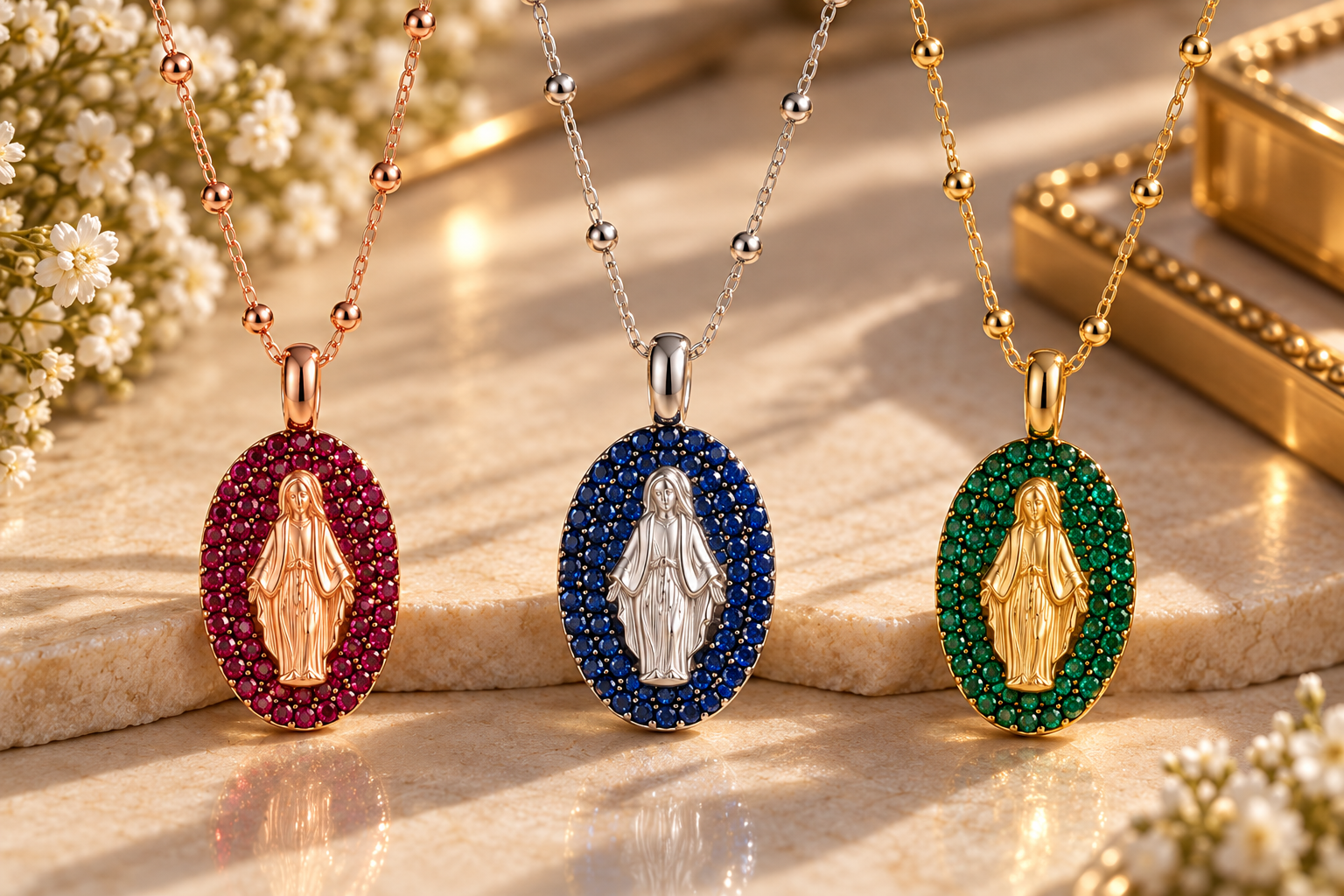 CIONDOLO MADONNA IN ORO ROSA 18KT CON RUBINI