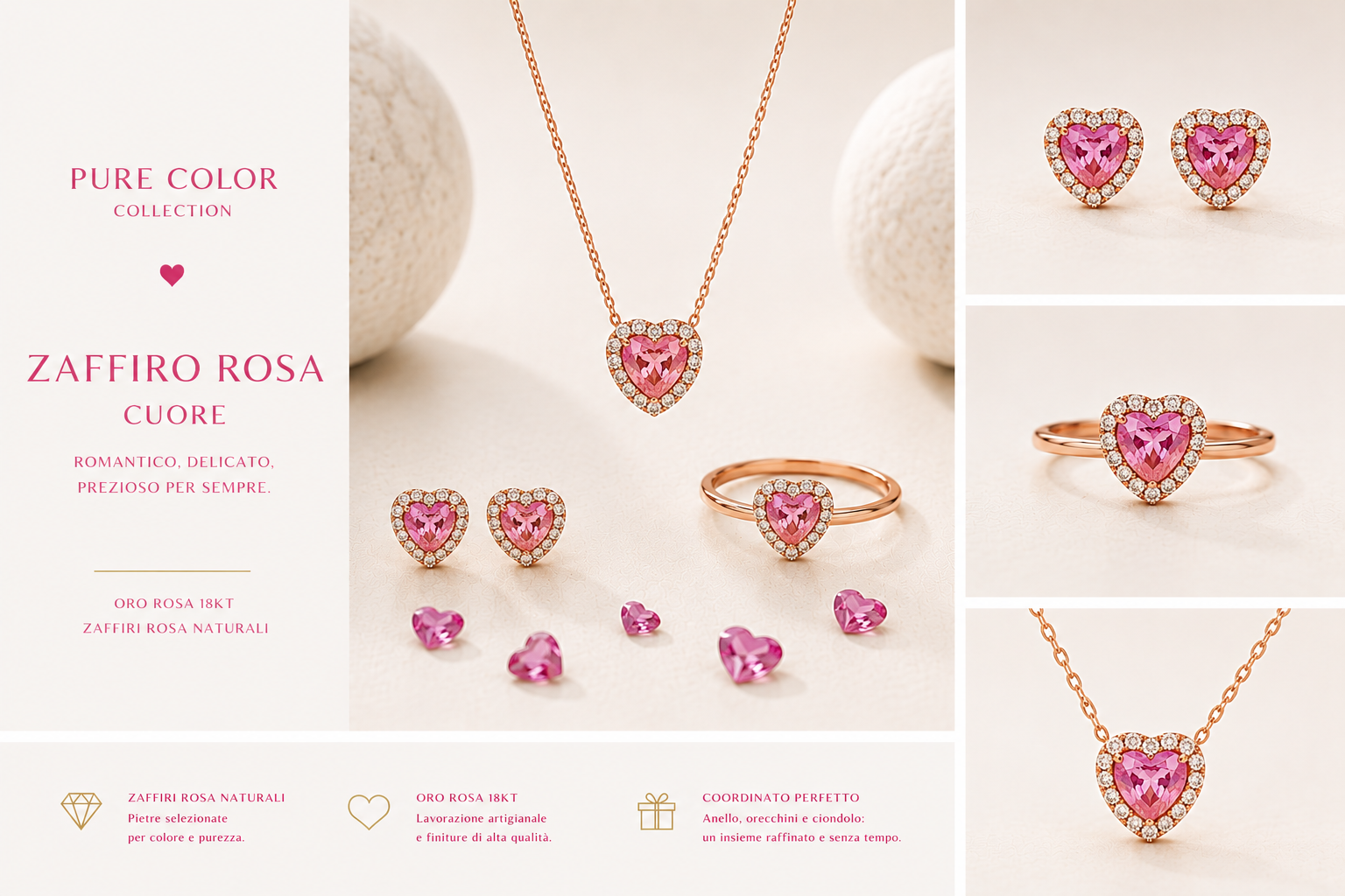 ORECCHINI IN ORO ROSA CON DIAMANTI E CUORI DI ZAFFIRO ROSA