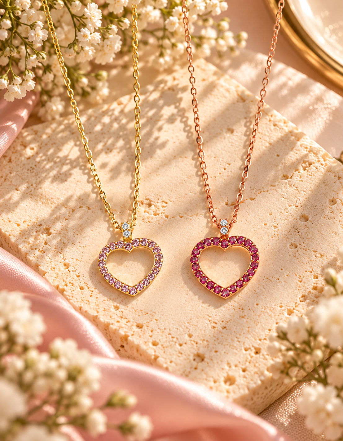 CIONDOLO IN ORO ROSA CON CUORE PICCOLO APERTO DI DIAMANTI E RUBINI