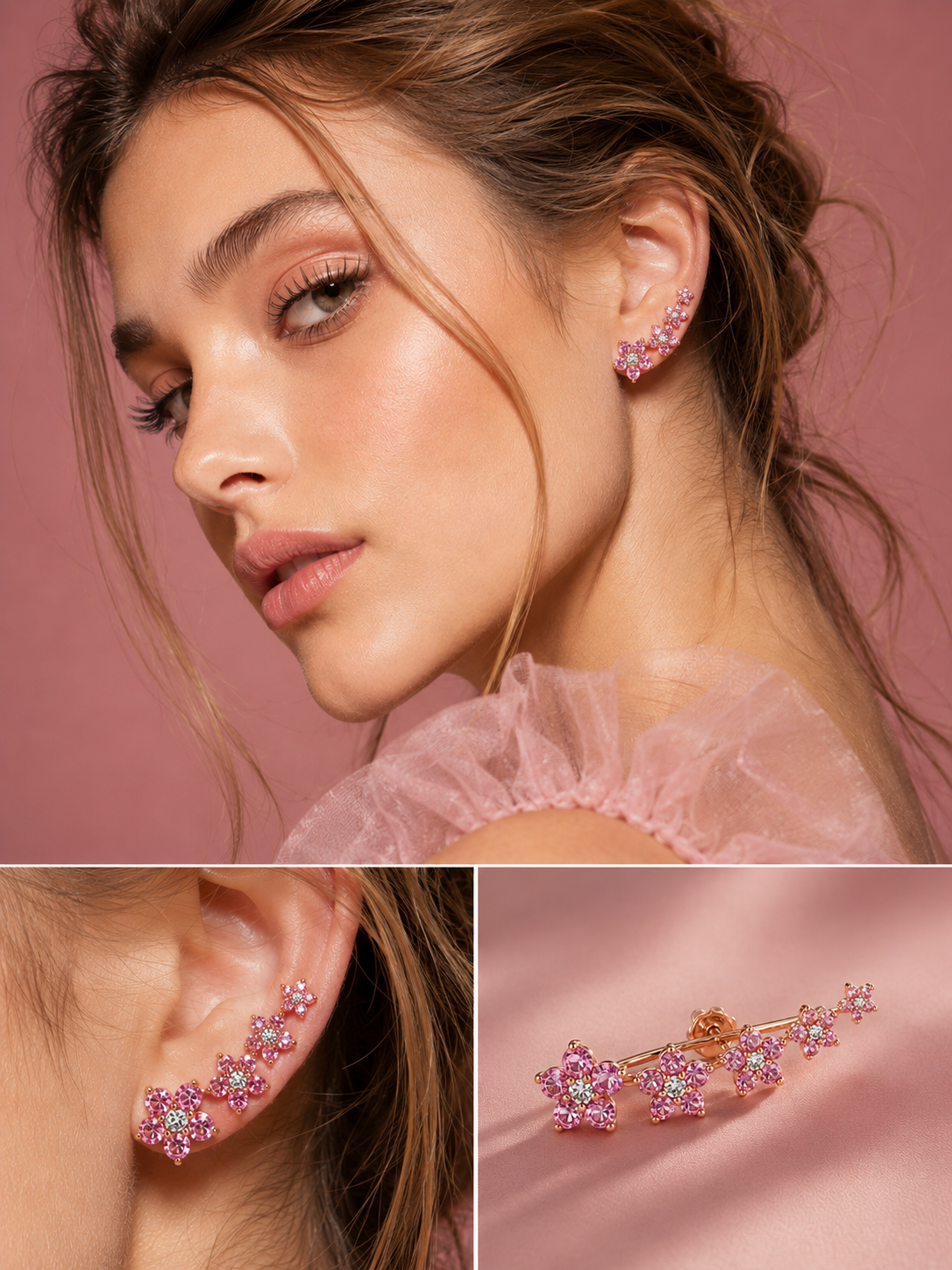 MONO ORECCHINO LUNGO IN ORO ROSA CON ZAFFIRI ROSA E DIAMANTI