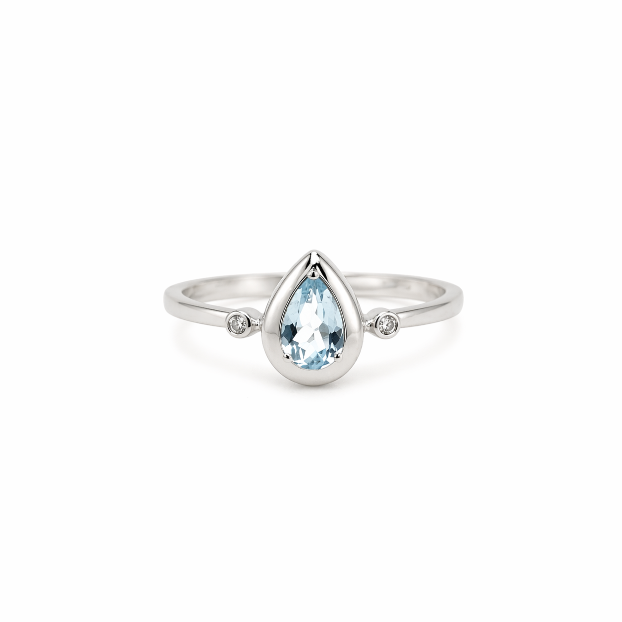 ANELLO IN ORO 9KT, BIANCO CON DIAMANTINI LATERALI E GOCCIA ACQUAMARINA